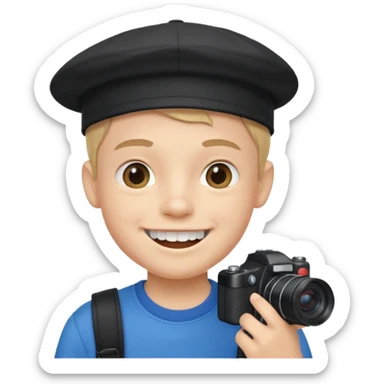 smiling schoolboy with large front teeth wearing a black cap holding a camera sticker