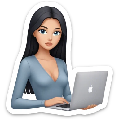 Glamours tanned very beautiful girl with pump peach nude lips and black straight smooth long hair, blue-grey eyes in grey v-neck bodysuit with MacBook sticker