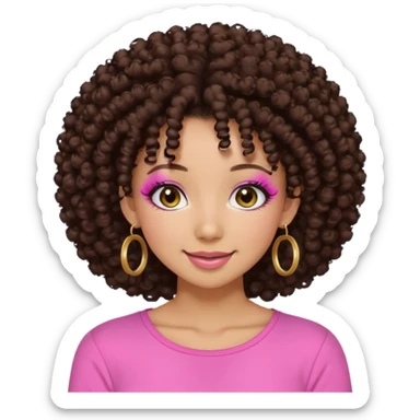 Naturally tan skin girl short darkBrown curly afropink shirt very long lashes hoop gold earrings Brown eyes gyaru smiling closed mouth cute non perfect circular a sticker