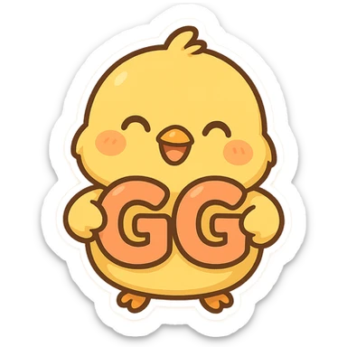 cartoon chick holding the letters GG, bright and cheerful sticker