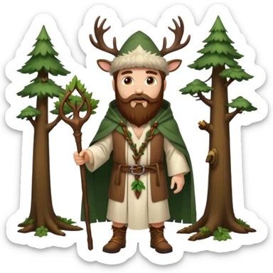 full body man long brown hair brown eyes medium beard white skin wearing stag hat and forest druid robes open chest sticker