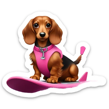 Long haired miniature dachshund red colour with pink collar on waterskis sticker