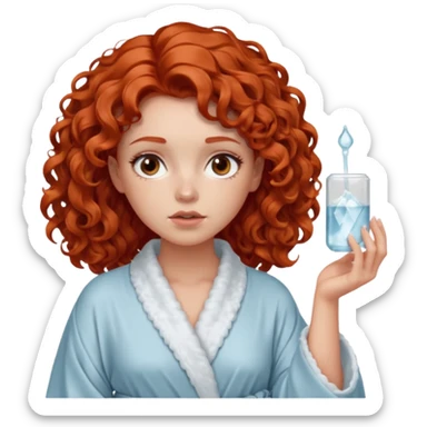 Cartoon emoji of a girl with voluminous curly red hair, fair skin, warm brown eyes. Wearing a chic milky silk robe with long sleeves, no makeup. Portrait mode, holding a ice cube for face skin care, looking doubtful and unsure. Smooth, simple, stylized." sticker