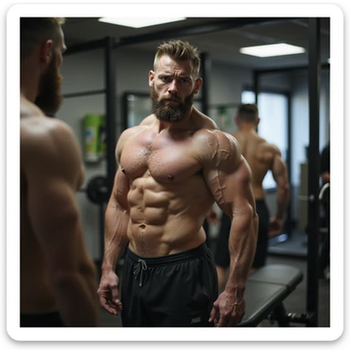 realistic male bodybuilder, extreme definition, very lean physique, less full muscles, visible veins, lean appearance, in front of mirror, frustrated look, gym with soft light, protein shaker on bench sticker
