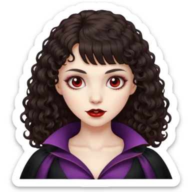 vampire feminine and with bangs  dark brown hair  curly hair  sticker