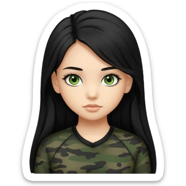 cute teenage girl, cute black trendy athletic clothes, light tan skin, very dark camo green eyes, long black hair, very long eyelashes sticker