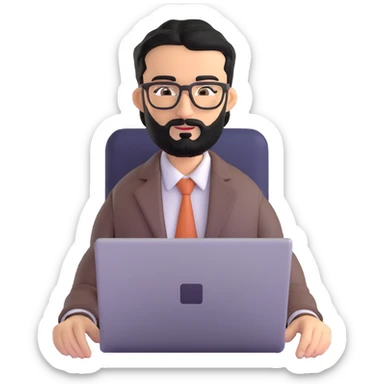 professional middle eastern businessman with well-groomed medium length black beard, neat black hair, connected eyebrows, elongated nose, tan skin, brown eyes, modern glasses, wearing perfectly pressed business casual outfit, efficiently working on a laptop sticker