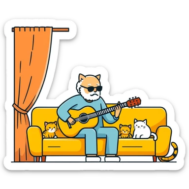  old blind man playing guitar  on the couch with his golden cat  sticker