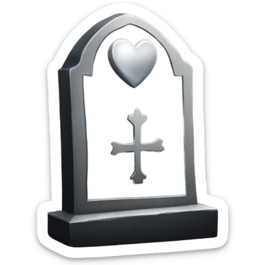 a black tombstone in silver RIP and a silver heart sticker