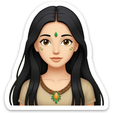 white girl with long black hair , a bindi and enjoying nature sticker