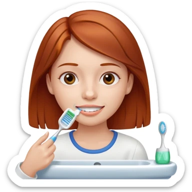 A girl with reddish-brown hair, who just woke up in the morning, is brushing her teeth. sticker