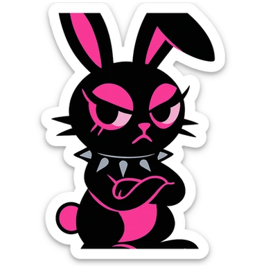 gothic bunny with black and pink colors, spiked collar, dramatic eye makeup, vibrant toon style sticker
