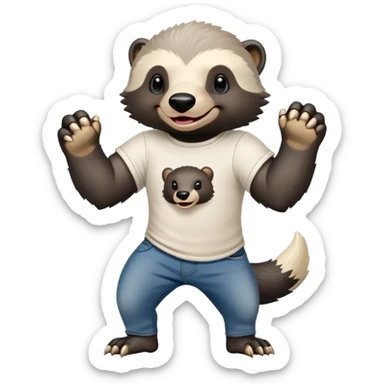 mischievous anthropomorphised honey badger in jeans and a t-shirt, playful expression sticker