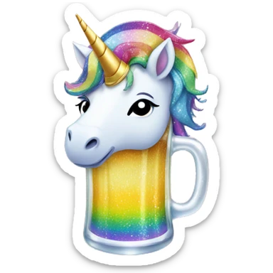 Glittery rainbow-maned unicorn drinking beer sticker