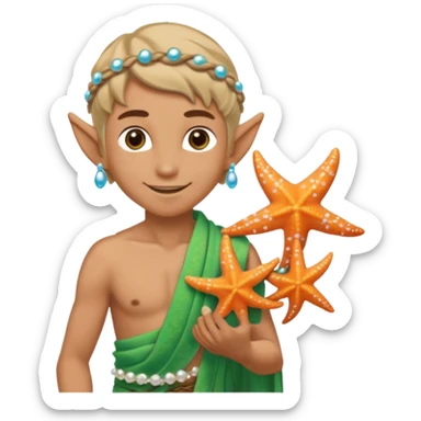 elf male Sarong with bioluminescent embroidery, armful of starfish, hair in a braid with pearl pins. sticker
