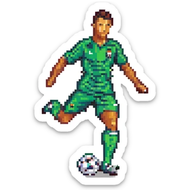 Cristiano Ronaldo, pixel art style, kicking a soccer ball, detailed pixel art sticker