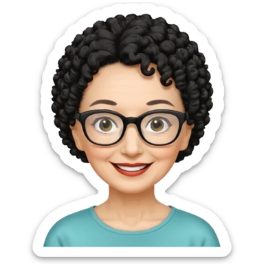 femme 70 ans cheveus noir bouclé attachés, lunettes rectangles noir yeux noir et sourrir sticker