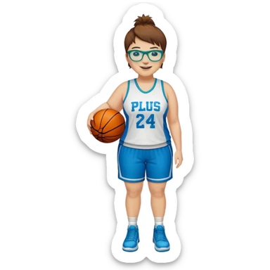 Full Body plus size white female with short brown hair with highlights spike hair wearing blue glasses basketball player wearing blue green uniform smiling sticker