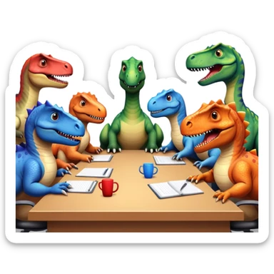 different office dinosaurs sitting along the conference table sticker
