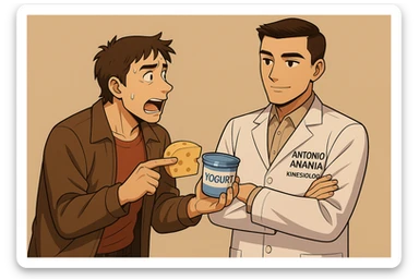 fai un webtoon manga a colori con questo stile, in cui un uomo fa una domanda al kinesiologo con il camice bianco (fagli anche la scritta "ANTONIO ANANIA" SUL CAMICE, l'uomo chiede una cosa mostrando un formaggio e uno yogurt al kinesiologo con il camice, IL KINESIOLOGO annuisce e SPIEGA ALL'UOMO UNA cos. L'UOMO ha un ESPRESSIONE CONFUSA IN VOLTO. non fare i fumetti però, fai solo in modo che sembri stiano parlando sticker