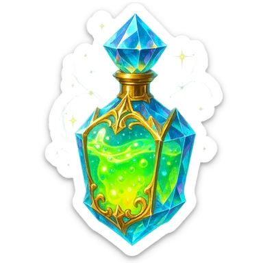luxurious crystal elixir bottle resembling liquid glowing slime, bright colors, lots of shine, edges, ornaments, golden details, magical effects, very small golden neck, transparent background, beautiful seamless bottom, bottle clearly floating in air, no base or shadow, premium class impression, playful design, liquid style, matching crystal, luxurious, magical bottle collection sticker
