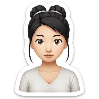 asian mom with long black hair tied in up in a messy bun and big brown eyes emoji in a white v neck shirt sticker