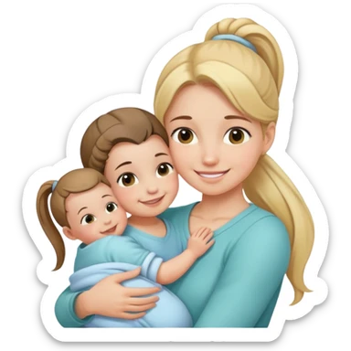Ponytail girl hugs a newborn baby and a girl sticker