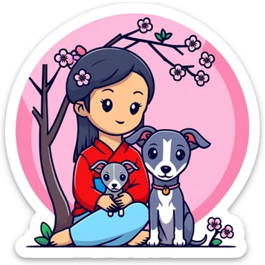 A young Chinese girl with long black hair and a pure dark grey Italian Greyhound with absolutely NO white markings anywhere on its body sitting under a cherry blossom tree. The dog must be completely solid dark grey with no white on muzzle, paws, or chest. sticker