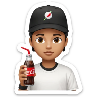 generate a pretty bratz boy with a nike black baseball cap, a white tshirt and drinking coke  sticker