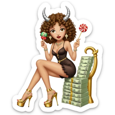 seductress evil brown curly haired sexy drug lord woman with clear glittery platform heels on her feet and horns on her head, holding a stack of cash and a lollipop in her mouth sticker