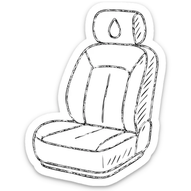hand-drawn outlined icon of a luxury car seat in matte black with a small droplet or shield on the headrest, elegant stitching, minimalist lines, clean and modern sticker
