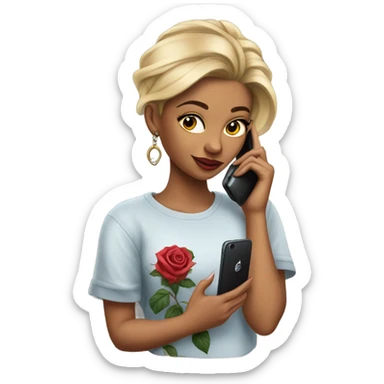 Hyper Realistic beautiful woman model with a small rose tattoo talking on a phone  sticker