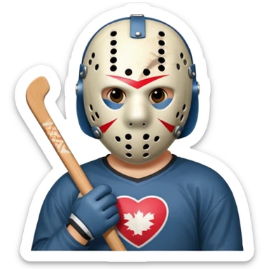 a cartoon image of Jason Voorhees, looking cute, with his hands clasped in front of him, at a sideways angle, looks like he is in love sticker