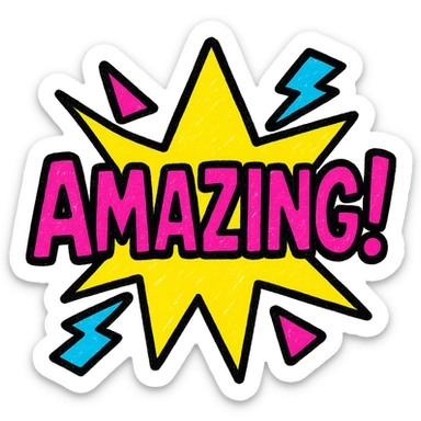 flashing colorful emoji that says 'amazing!', pop art style, bright colors sticker