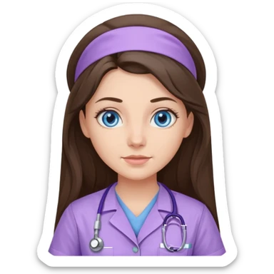 pretty brunette nurse with long hair and blue eyes in lilac scrubs sticker