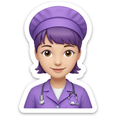 A young female slim nurse with short Brown hair with fringe over her forehead, wearing larvendar purple working cloth sticker