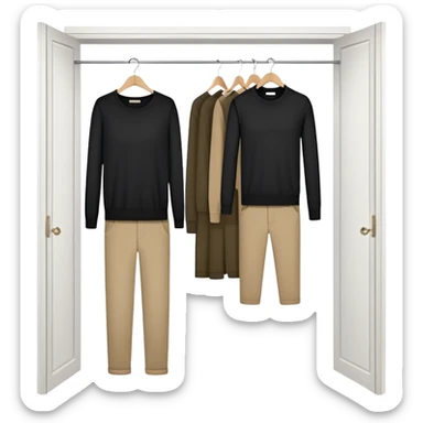Cute closet with door ajar revealing black long sleeve shirts, sweaters, and khaki work pants hanging organized sticker
