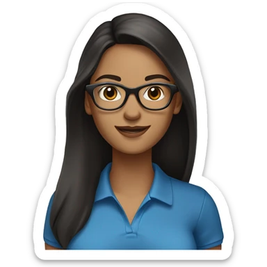 female, light brown skin, long black hair with some grey, wearing blue eyeglasses. Brown eyes. Wering a polo shirt. Smiling sticker