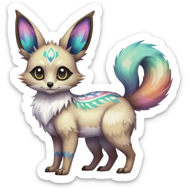 Rare iridescent white exotic epic aesthetic colorful Trico-Eevee-Genet-species-Fakemon-hybrid-creature, with intricate tattoo markings, full body sticker