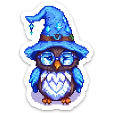 pixel art owl with a blue wizard hat and glasses sticker