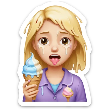 a crying girl with an ice cream  box sticker