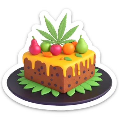 colorful frosted fruit cake with cannabis leaf on a plate sticker