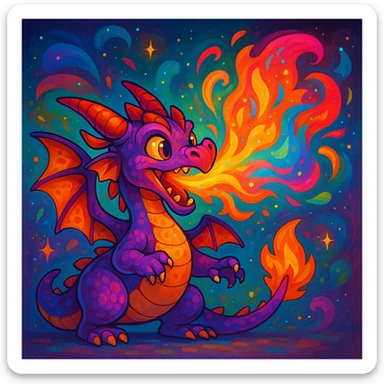 cartoon dragon breathing magical fire with vibrant colors, fantasy style, lively and colorful sticker