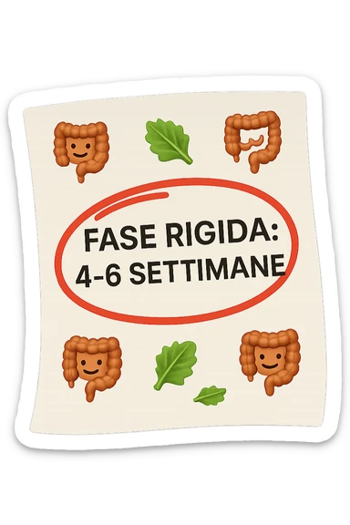 EMOJI STILE IPHONE DI UN foglio di carta fluttua in aria con la scritta "FASE RIGIDA: 4-6 SETTIMANE" CERCHIATA A PENNA IN ROSSO, ATTORNO AL FOGLIO FLUTTUANO PICCOLI TRATTI DI COLON UMANO IN STILE EMOJI E FOGLIE DI INSALATA, REALISTICA 4K sticker