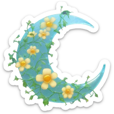 A translucent crescent moon made of cracked glass, with vines of bioluminescent flowers wrapping around it.

 sticker