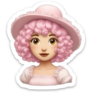 •	Pale pink hair 	•	Youthful facial features 	•	Fluffy hat with a rounded shape 	•	Dress with lots of frills sticker