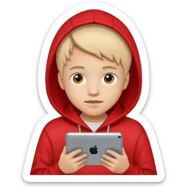 Teen gaming on tablet, red hoodie sticker