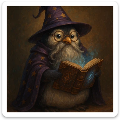 a chubby penguin wizard with glasses, a long beard, and a mystical book, fantasy illustration sticker