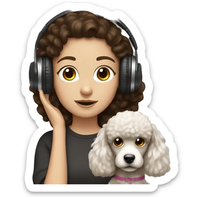 White girl, dark hair in headphones with brown poodle sticker