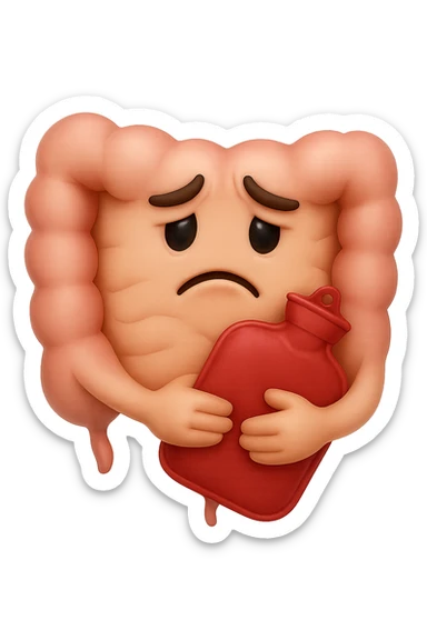 emoji stile iphone di un intestino che si tiene la borsa dell'acqua calda al centro, espressione di tristezza in volto, iperrealistico 4k sticker